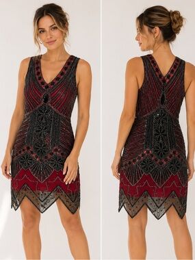 Fundaisy Red Black Sequin Beaded Flapper Dress Size S 1920s Gatsby Costume Party